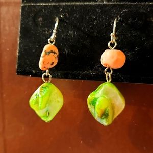 Disco chunk earrings. Green with light pink beads. Classic dangle-earring back.